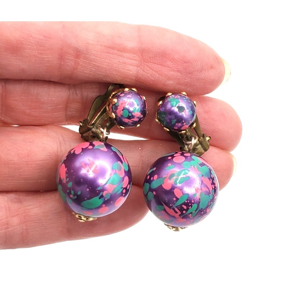 Vintage Mod Pop Art 1960s Green Red & Purple Dangling Ball Clip On Earrings